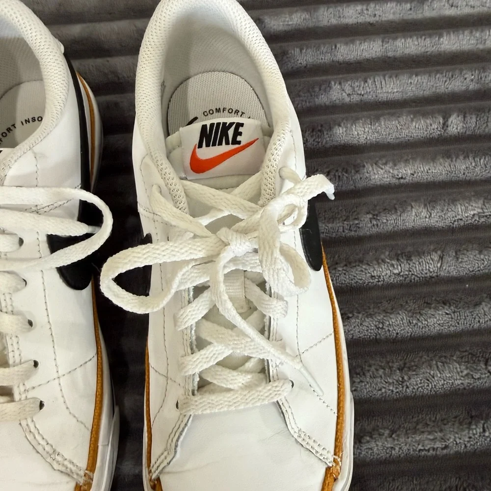 Nike Court Legacy White Leather Sneakers with Black Swoosh & Tan Accents